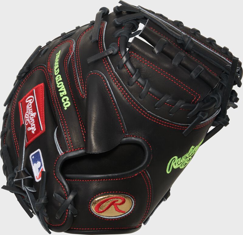 Back of a black Gameday 57 Series Gabriel Moreno Heart of the Hide Catcher's Mitt with a gold Oval-R on the wrist