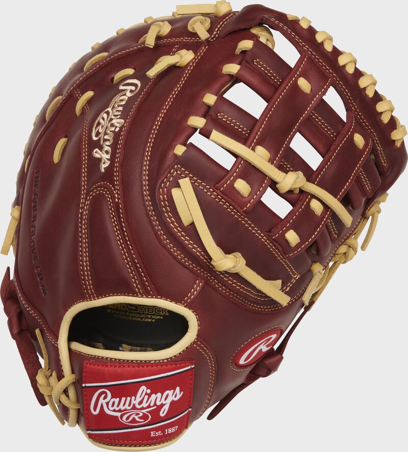 Back of a sherry 12.5-Inch Sandlot Series 1st base mitt with a red Rawlings patch - SKU: SFM18S