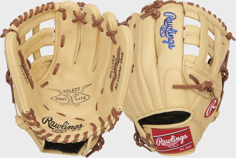 Two images showing the palm & back of a camel Select Pro Lite 11.5" Kris Bryant youth glove