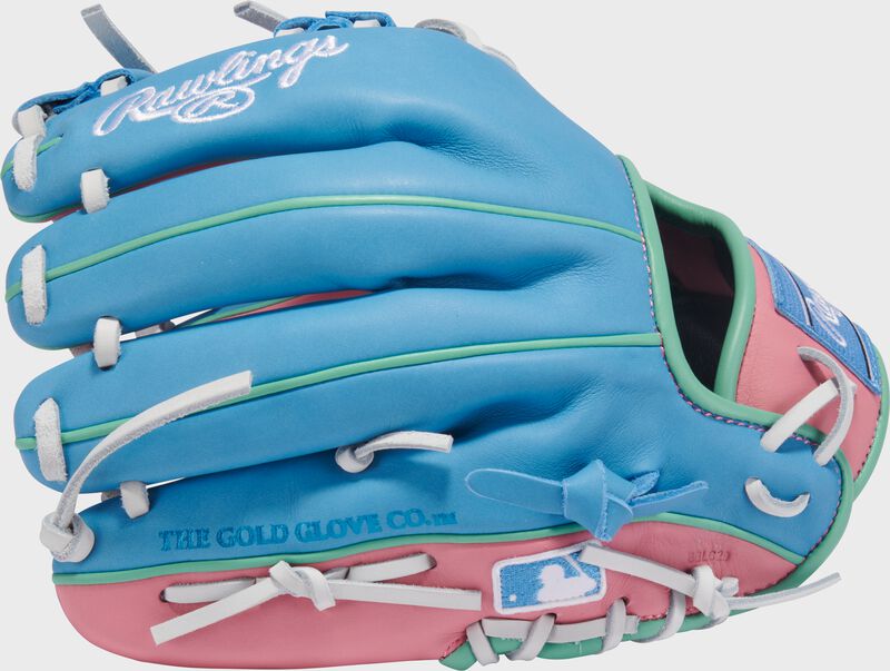 Back of a columbia blue/pink Exclusive Rawlings NXT Series 11.5" Infield Glove with the MLB logo on the pinky loading=