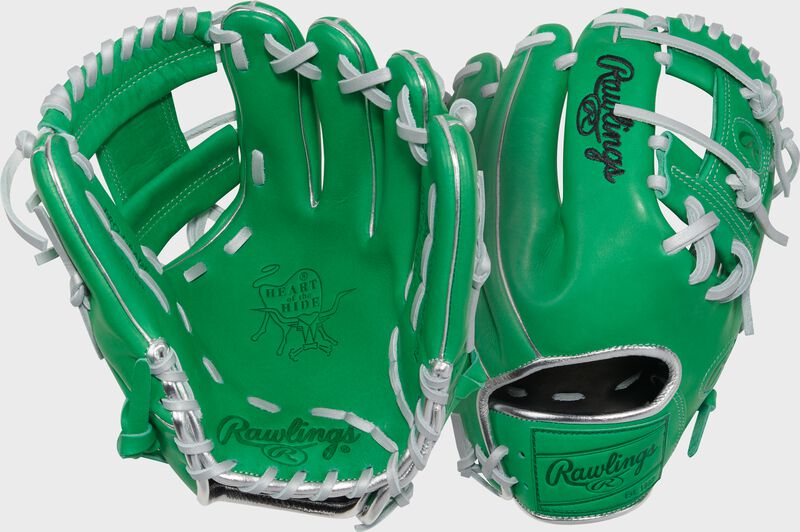 Two images showing the palm & back of a Heart of the Hide kelly green 11.5" infield glove