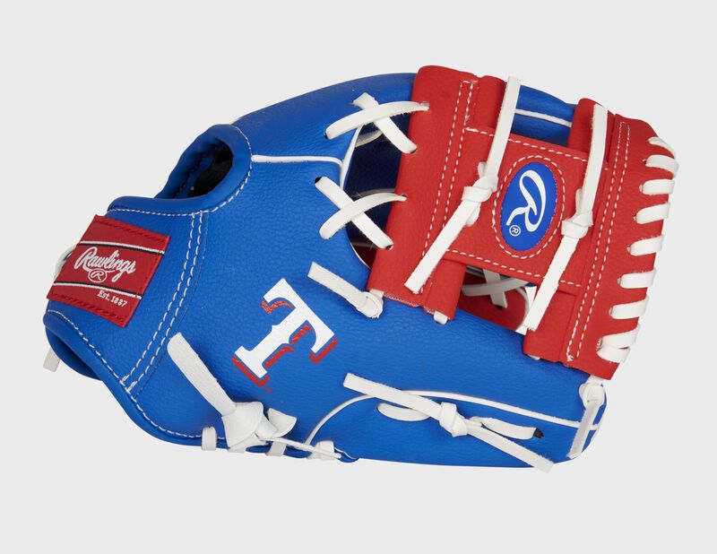 Thumb of a blue/red Texas Rangers 10-inch team logo glove with a red I-web and "T" logo on the thumb - SKU: 22000022111