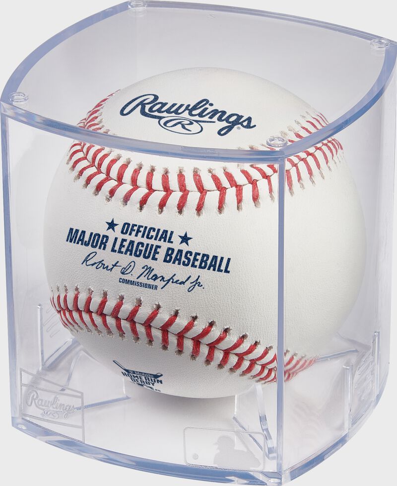 A 2025 MLB Home Run Derby baseball in a clear display cube