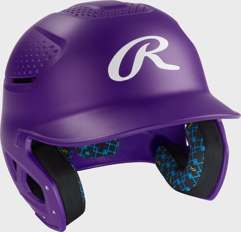 Front right of a purple Rawlings RX2 batting helmet