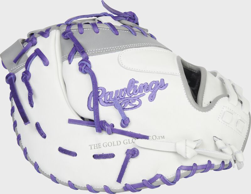 Back of a white/gray/purple Liberty Advanced 1st base mitt - SKU: RLADCTSBWPG loading=