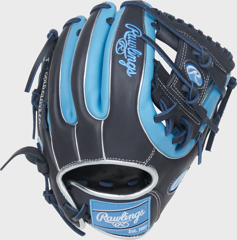 Back of a navy/Columbia blue Rawlings NXT Series 11.25-Inch Infield Glove with a Columbia blue Rawlings patch