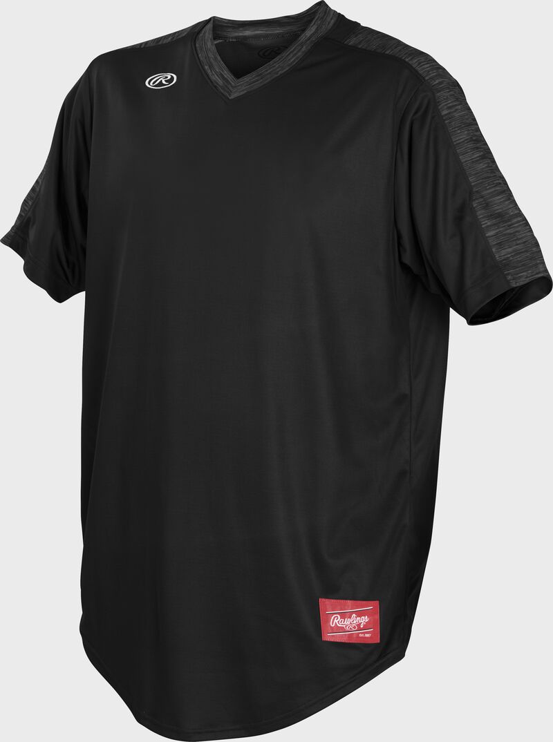 Front of Rawlings Black Adult Short Sleeve Launch Jersey - SKU #LNCHJ-B loading=