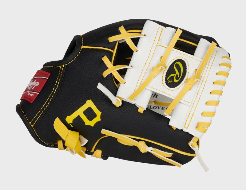 Thumb of a black/white Pittsburgh Pirates 10-inch team logo glove with a white I-web and Pirates logo on the thumb - SKU: 22000021111 loading=