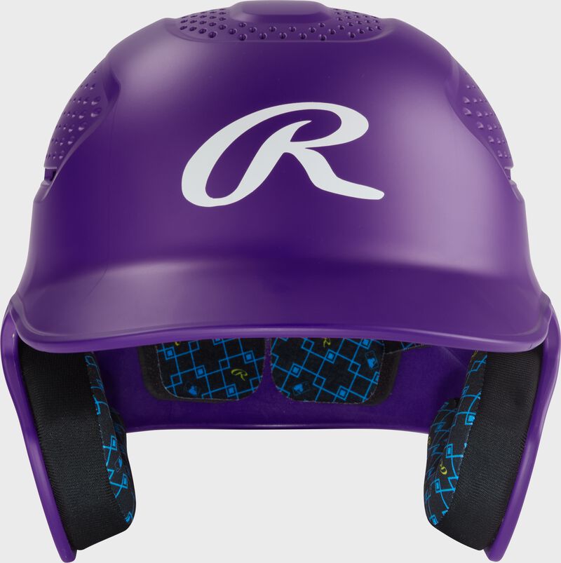 Front of a purple Rawlings RX2 batting helmet