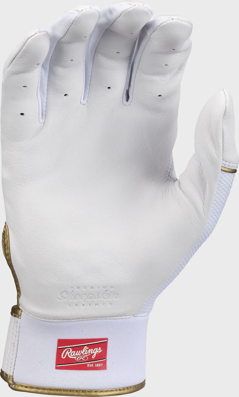 White leather palm of a Rawlings Pro Preferred batting glove - SKU: PROPRFBG-WHWH