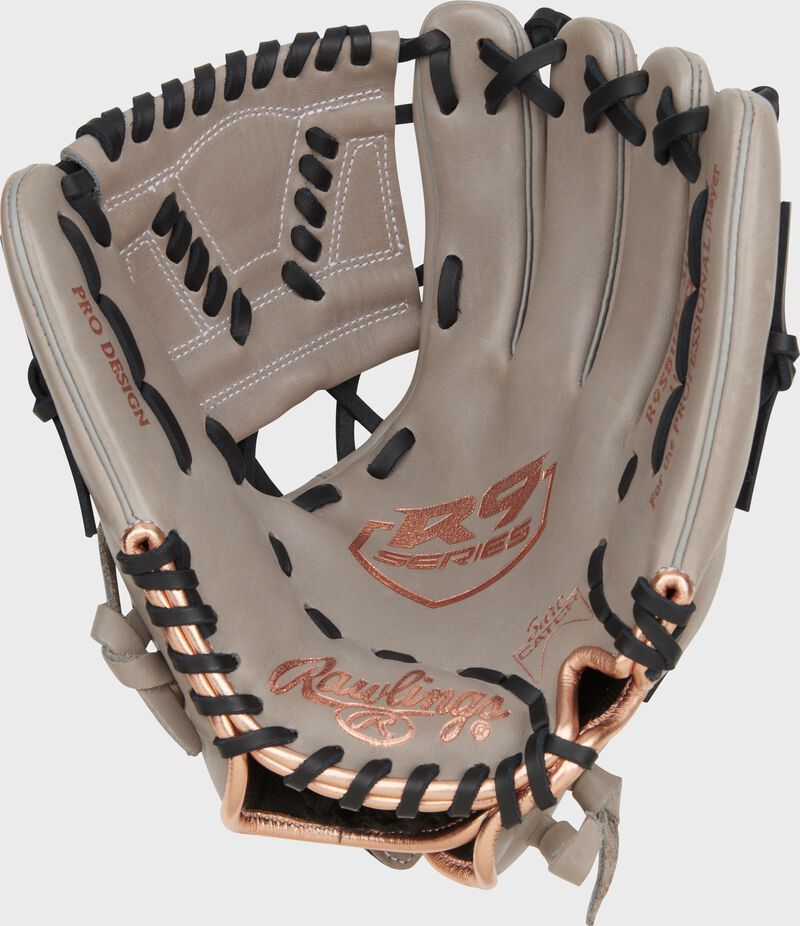 Gray palm of a Rawlings R9 Series 11.5" ContoUR Fit fastpitch glove with rose gold stamping and black laces loading=