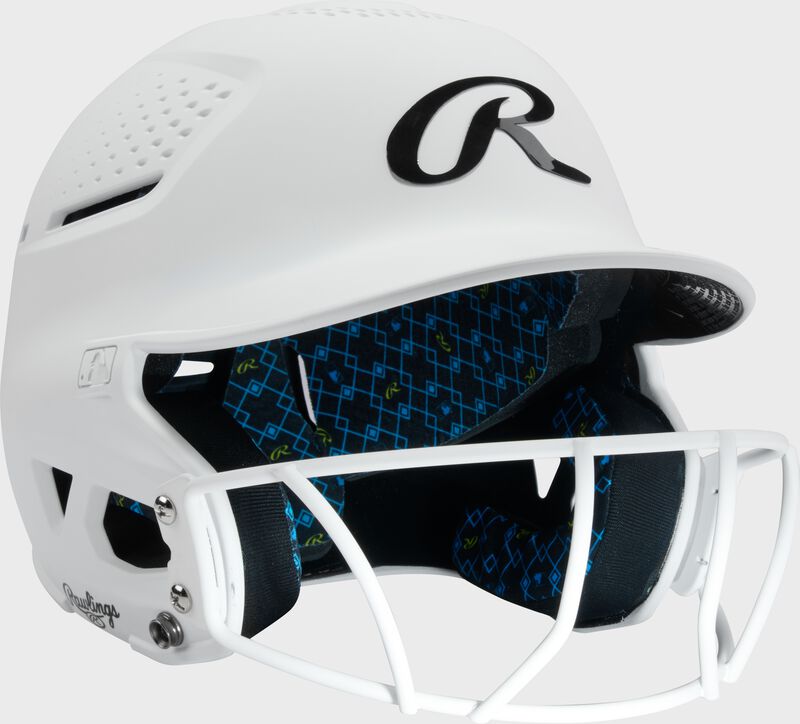 Front right of a white Rawlings RX2 fastpitch batting helmet