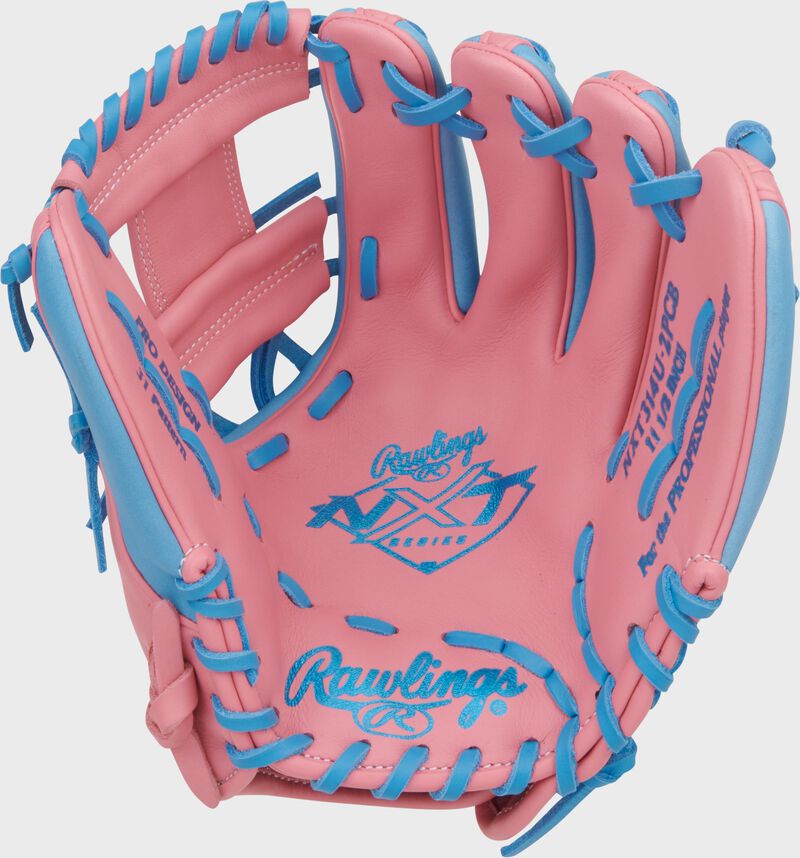 Pink palm of a Rawlings NXT Series 11.5-Inch Infield Glove with Columbia blue stamping and laces
