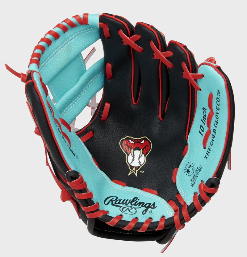 A black/teal Rawlings Arizona Diamondbacks youth glove with a D-Backs logo on the palm - SKU: 22000010111