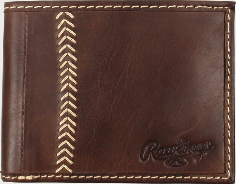 Outside shot of Brown Rawlings Baseball Stitch Bi-Fold Wallet | SKU:MW485-201