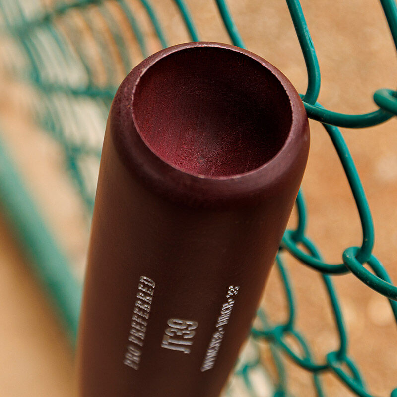 Cupped end of a maroon Pro Preferred JT39 Torpedo barrel birch wood bat loading=
