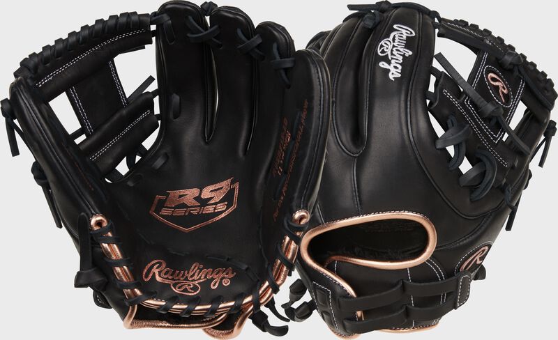Two images showing the palm & back of a black R9 Series 11.75" fastpitch infield glove