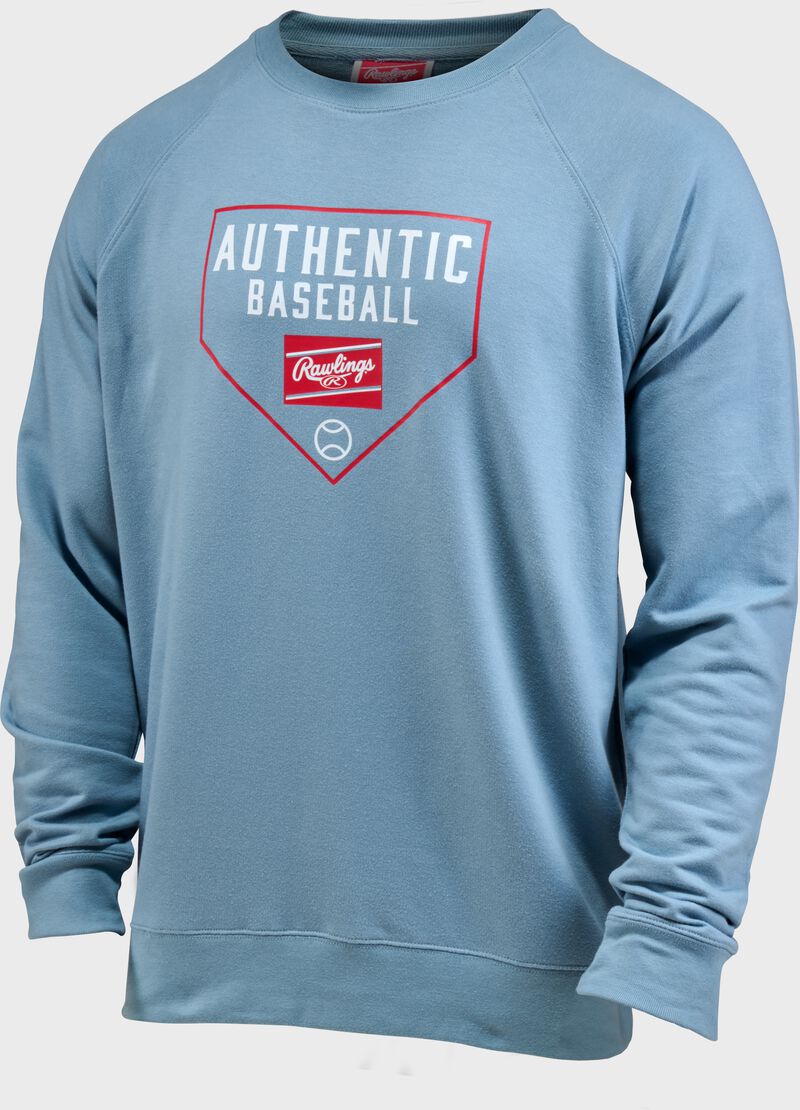 Front left angle of a light blue Rawlings Authentic Baseball crew neck sweatshirt
