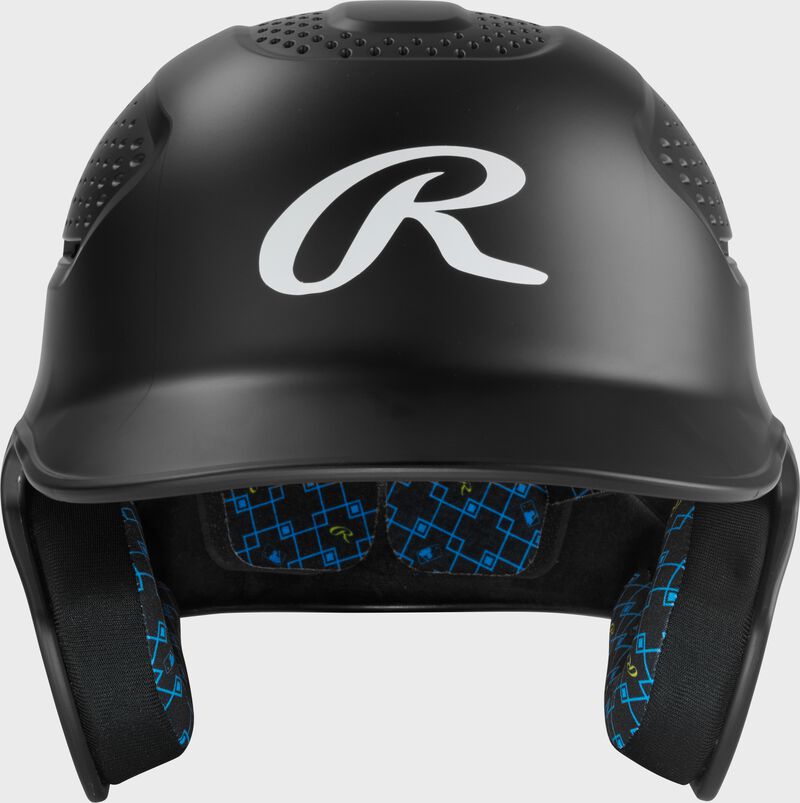 Front of a black Rawlings RX2 batting helmet