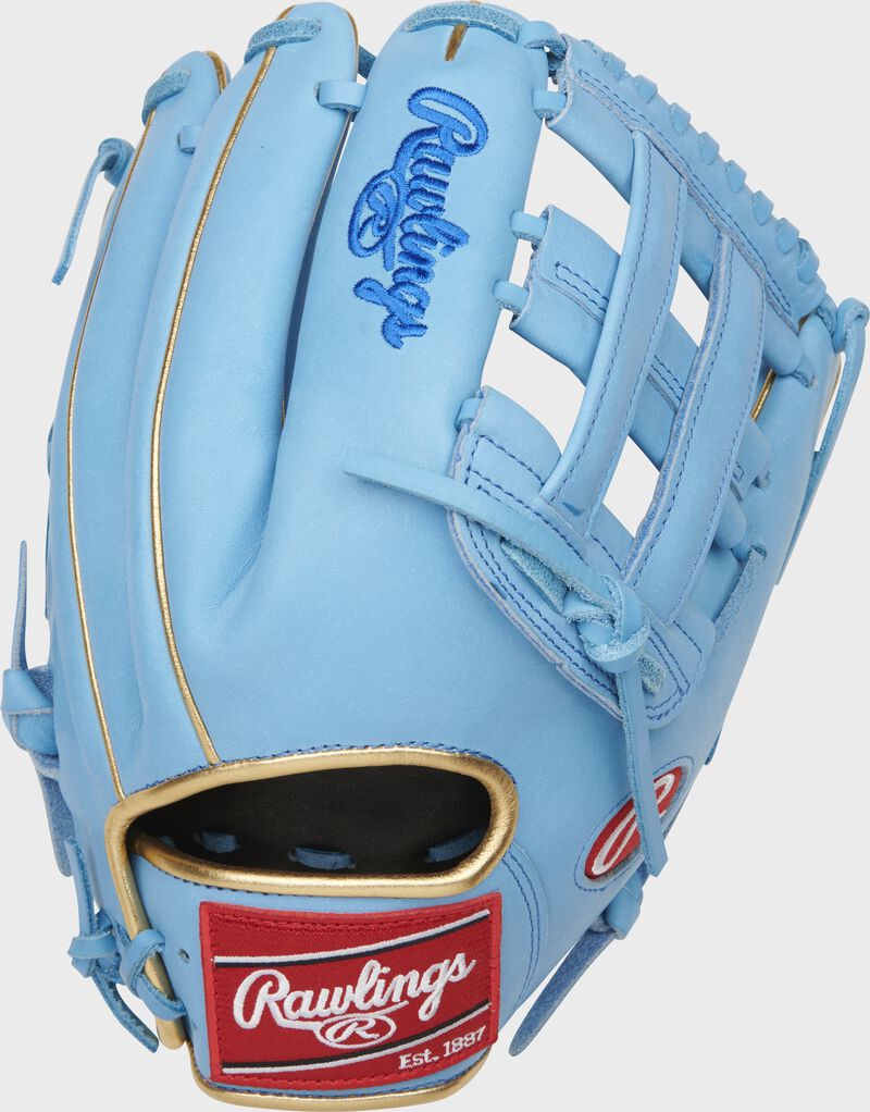 Back of a Columbia blue Kris Bryant Heart of the Hide H-web glove with a red Rawlings patch - SKU: RSGPROKB17-6CBG