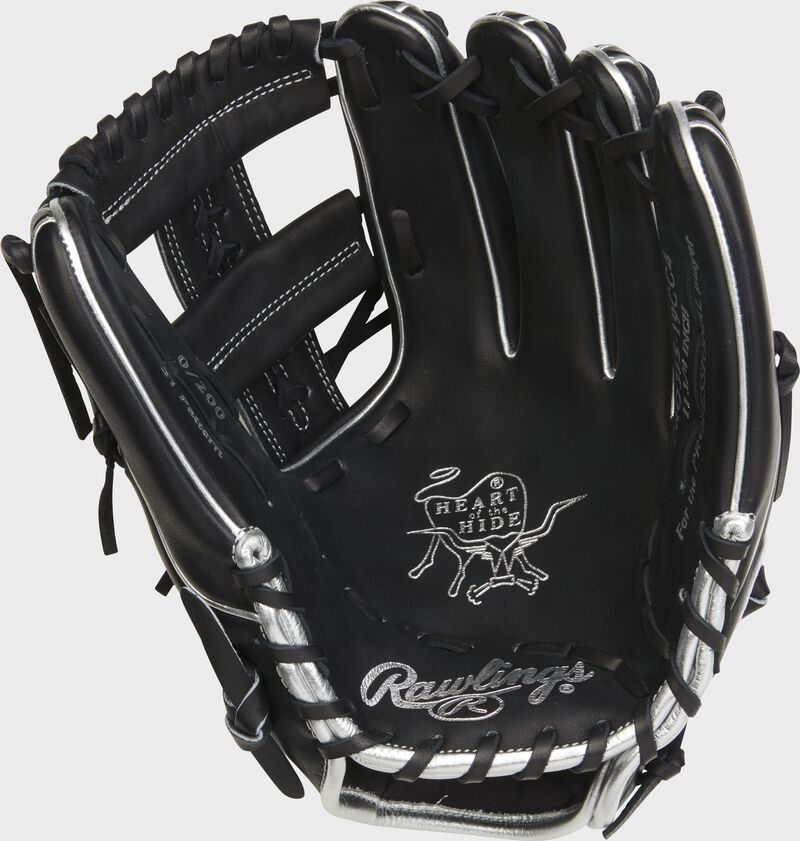 Black palm of a Rawlings Carlos Correa Gameday 57 glove with silver stamping and black laces - SKU: PRO315-19CC4 loading=
