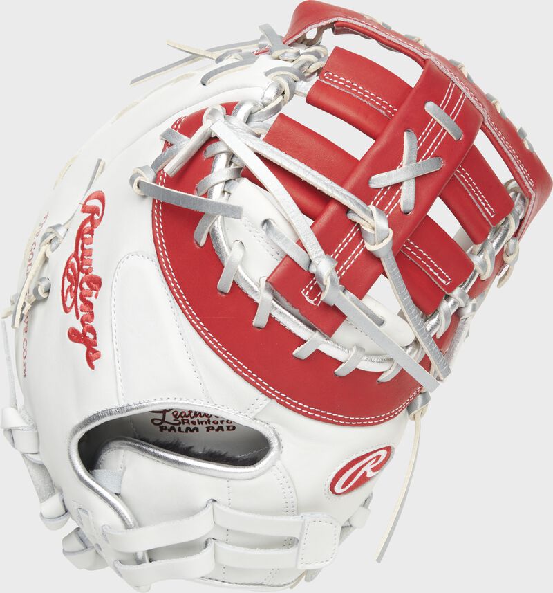 Back of a white/scarlet Liberty Advanced Color Series first base mitt - SKU: RLADCTSBWSP loading=