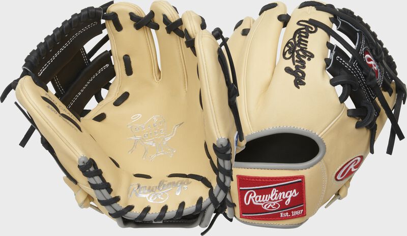 Two images showing the palm & back of a camel/black 9.5" Heart of the Hide training glove loading=