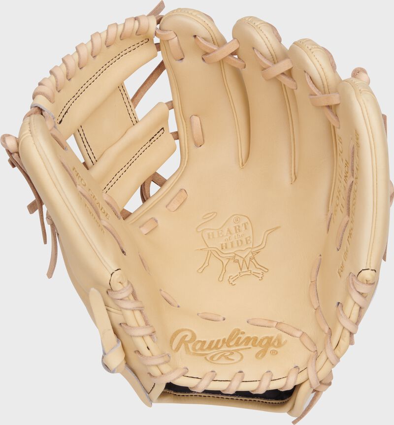 Camel palm of a Rawlings Heart of the Hide infield glove with camel laces