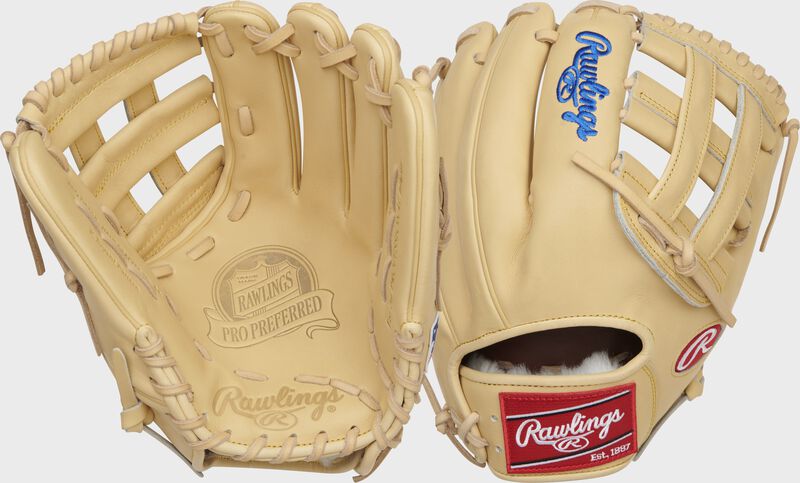Two images showing the palm & back of a camel 2021 Pro Preferred Kris Bryant gameday glove