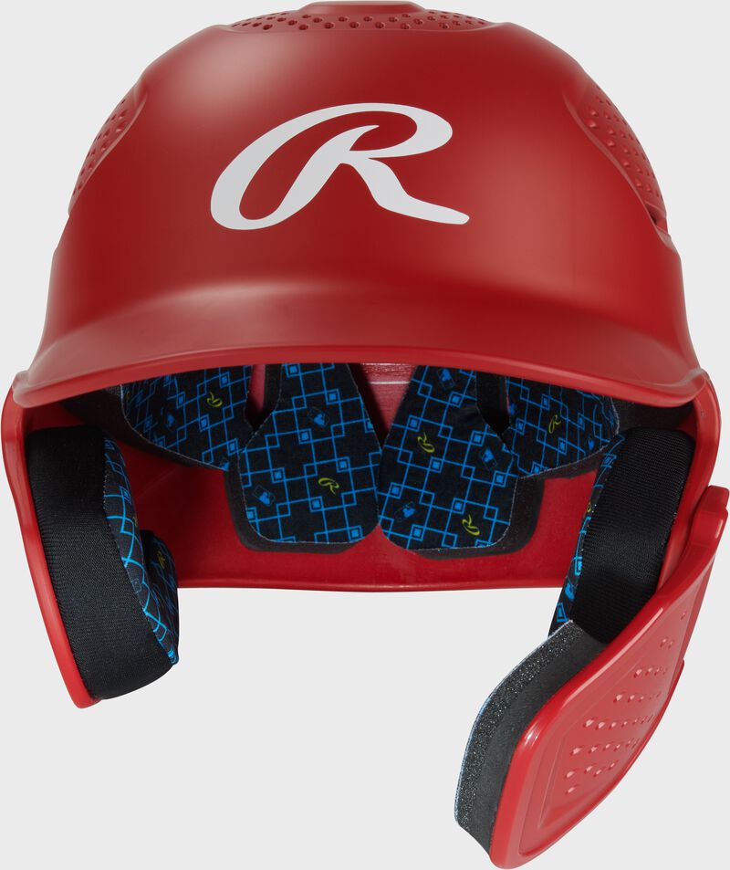 Front of a scarlet Rawlings RX2 Reverse batting helmet