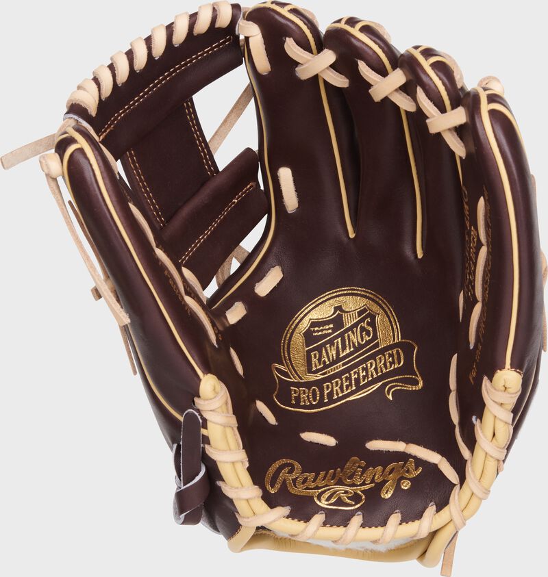 Mocha palm of a Rawlings Pro Preferred infield glove with gold palm stamping and camel laces
