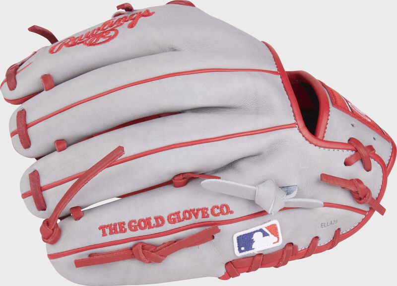 Gray back of a Heart of the Hide Jonathan India infield glove with the MLB logo on the pinky - SKU: PRO204-2JI