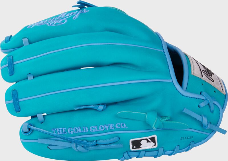 Back of an 11.75" Heart of the Hide teal infield/pitcher's glove with the MLB logo on the pinky