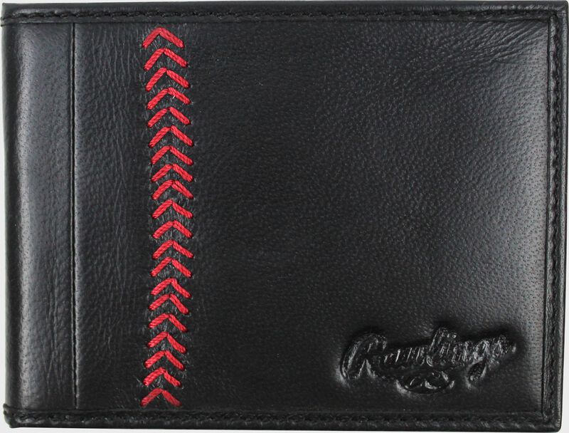 Outside shot of Black Rawlings Baseball Stitch Bi-Fold Wallet | SKU:MW485-001