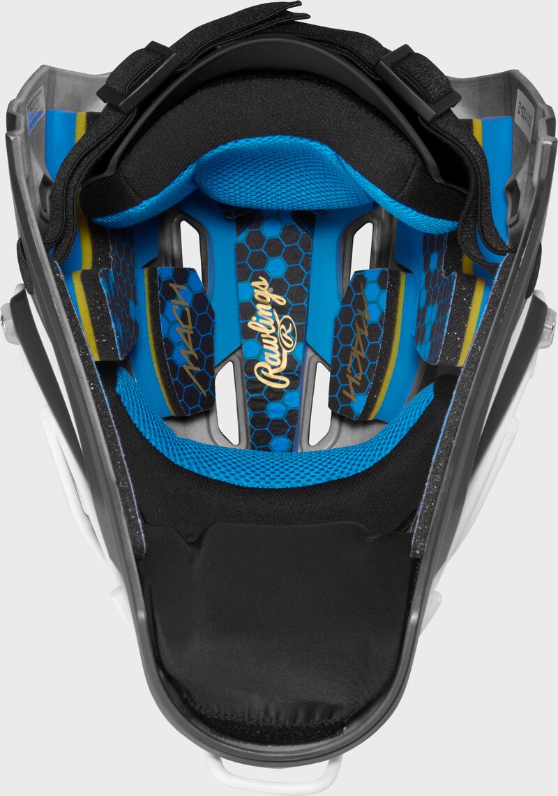 Inside padding of a black Rawlings Mach Pro Series catcher's helmet