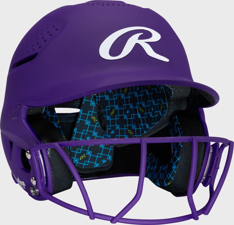 Front right of a purple Rawlings RX2 fastpitch batting helmet