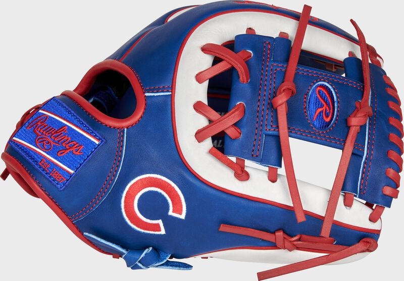 Web back view of royal, white, and scarlet 2021 Chicago Cubs Heart of the Hide glove loading=