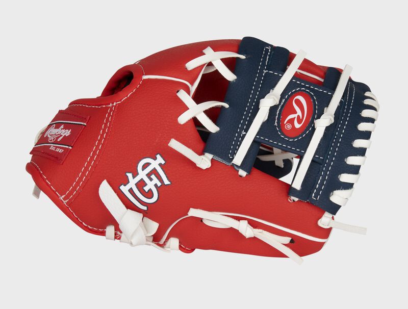 Thumb of a red St. Louis Cardinals 10-Inch team logo glove with a navy I-web and STL logo on the thumb - SKU: 22000007111 loading=