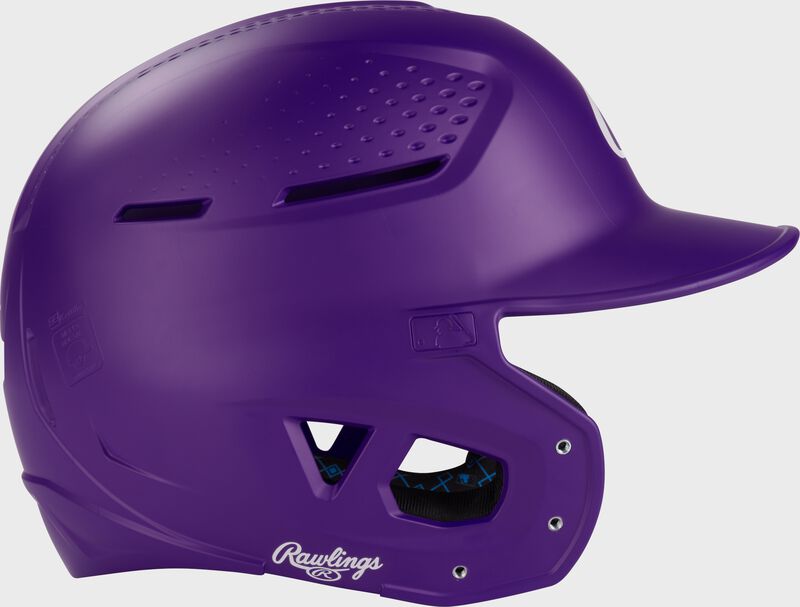 Right side of a purple Rawlings RX2 batting helmet