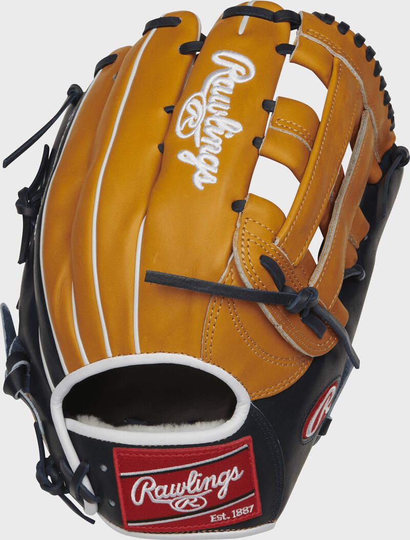 Shell back view of 12.75-inch Rawlings Pro Preferred outfield glove