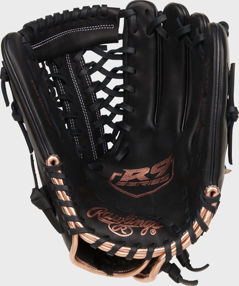Black palm of a Rawlings R9 Series fastpitch glove with rose gold stamping and black laces loading=