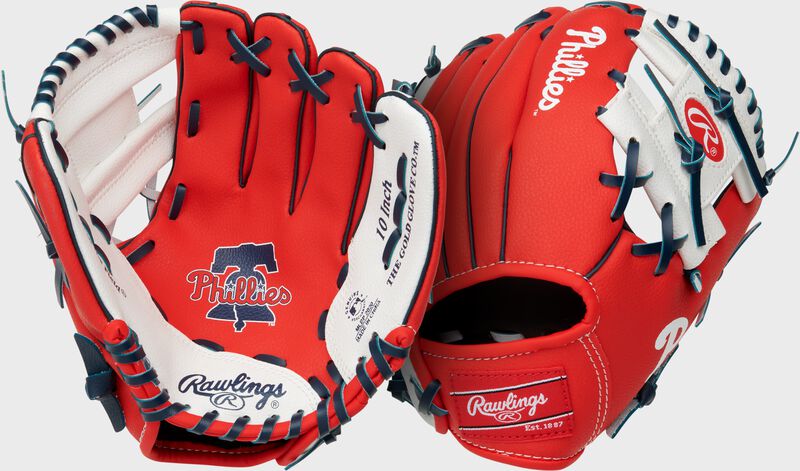 Two images showing the palm & back of a red Philadelphia Phillies team logo youth glove loading=