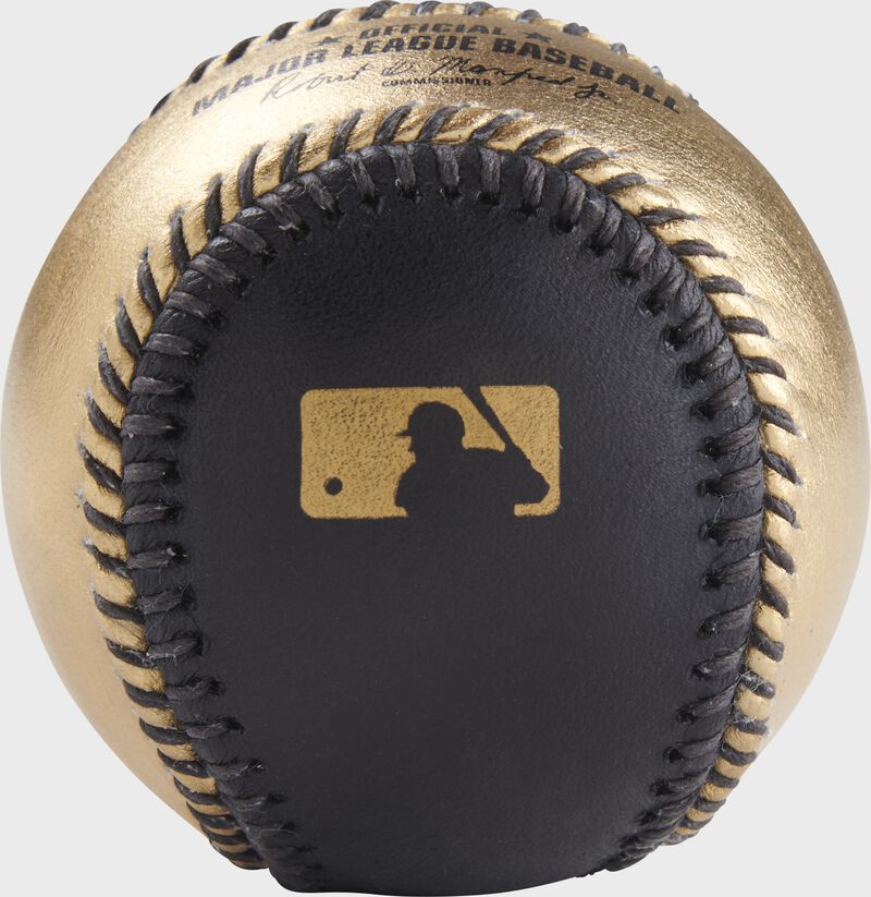 Gold MLB logo stamped on the black side of a gold/black MLB baseball - SKU: RSGEA-ROMLB/B-R