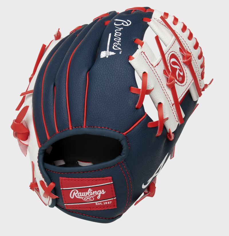 Back of a navy/white Atlanta Braves 10-Inch I-web glove with a red Rawlings patch - SKU: 22000005111 loading=