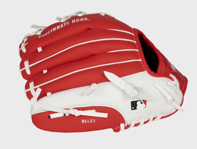 Back of a red/white Cincinnati Reds 10-Inch youth glove with the MLB logo on the pinky - SKU: 22000023111