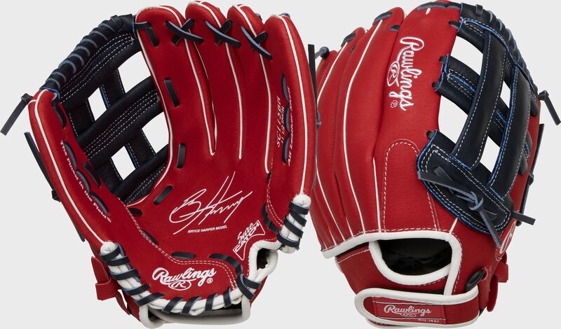 Two images showing the palm & back of a red Sure Catch 11.5" Bryce Young signature youth glove loading=