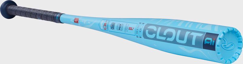 Angled image of a blue Rawlings Clout AI -10 USA bat with the Clout AI logo on the barrel