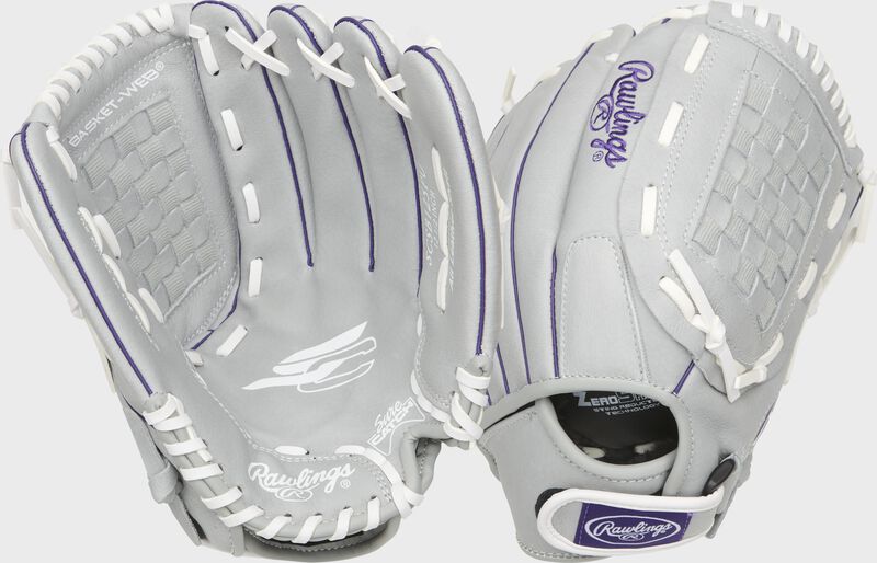 Two images showing the palm & back of a gray Sure Catch softball 12.5" youth glove