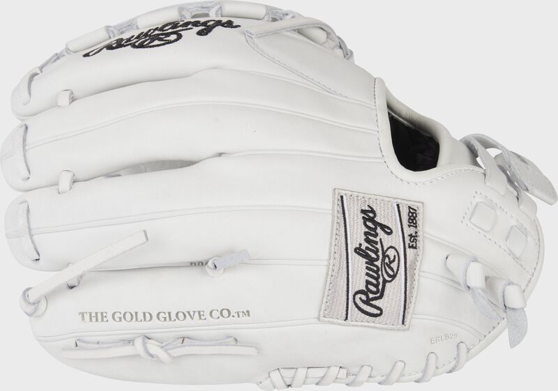 Back of a white Rawlings Liberty Advanced 11.5" softball glove with a gray Rawlings patch - SKU: RLA115-3W loading=