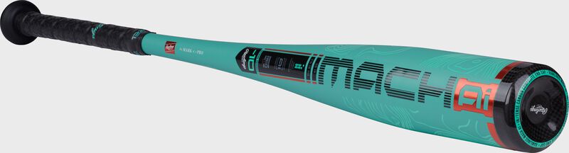 Angle view of a mint Rawlings Mach AI -10 USA baseball bat with the Mach AI logo on the barrel